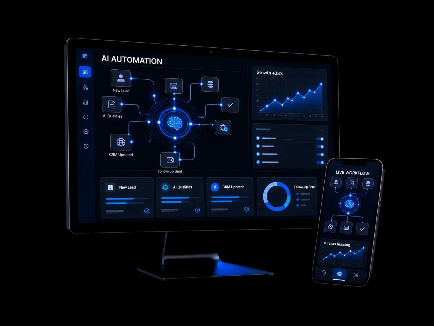 Monitor and mobile screens showing SaaS, mobile app, and automation product interfaces